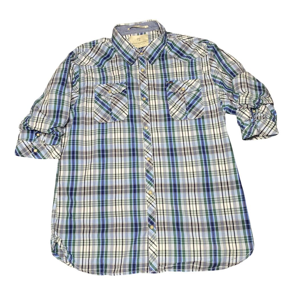 Scotch & Soda Mens Shirt 2XL White Green Blue Plaid Casual Pearl Snap Richton